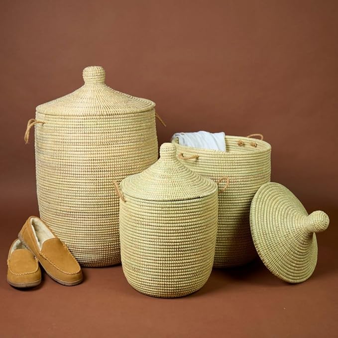 Small Natural Beige Decorative Woven Wicker Basket Hamper - Organize Laundry Toys Blankets Pillows Clothes Towels - Storage Bins for Home Baby Nursery Living Room Bedroom Bathroom