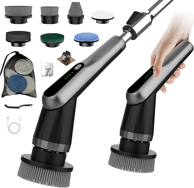 WKY-Electric Spin Scrubber - Upgraded 12-in-1 IPX7 Waterproof Shower Scrubber Retractable Handle &amp 2-Speed for Toilet Bathroom Bathtub Tile Floors