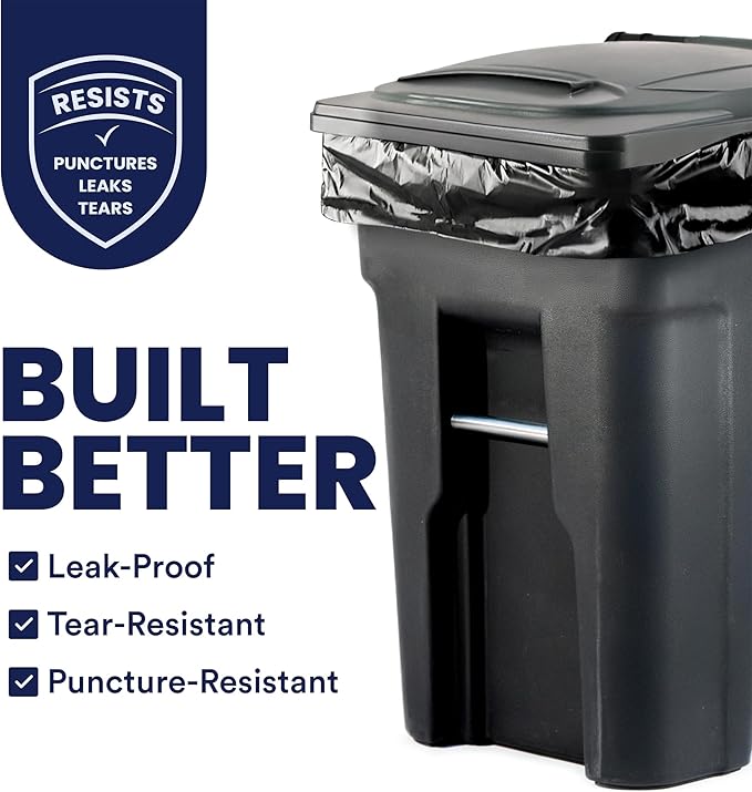 Plasticplace 64-65 Gallon Black Trash Bags Heavy Duty Toter Can Liners Tear &amp Leak-Proof Industrial Strength 25 Count Large Garbage Bags for Kitchen &amp Commercial Use 1.2 Mil 50 x 60