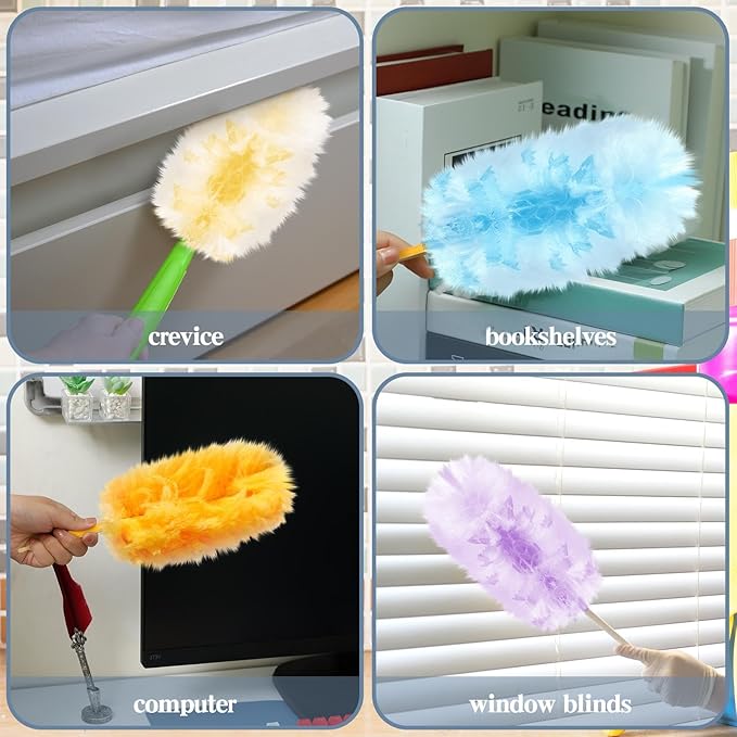 Vesici 150 Pcs Duster Refills Compatible with Swiffer Dusters Bulk Disposable Replacement Thickened with 1 Handle Heavy Duty for Cleaning Office (YellowBlueOrangePurple)