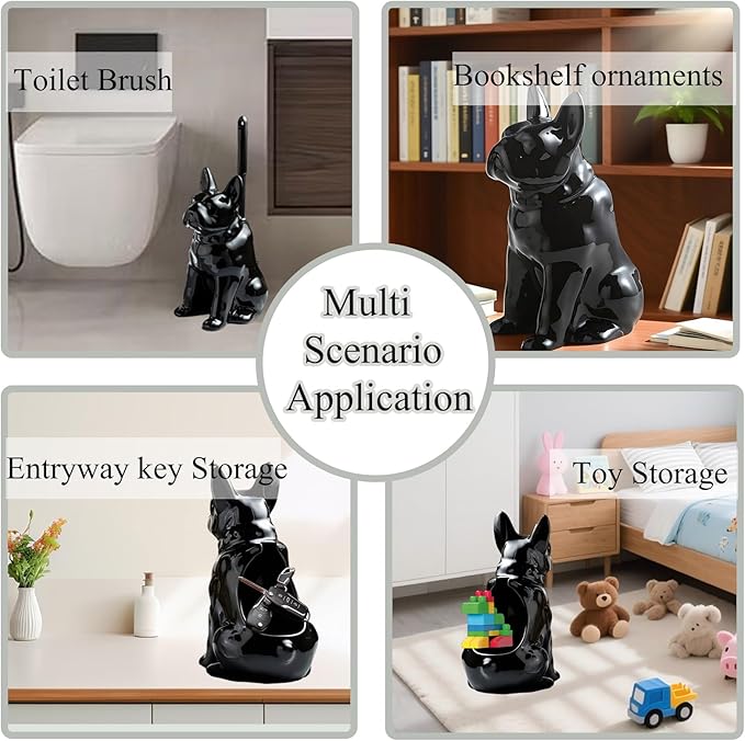 2026 Ceramic Dog Toilet Brush Holder Set French Bulldog Design with 2PCS Durable Plastic Brush Modern Bathroom Accessories (Black)