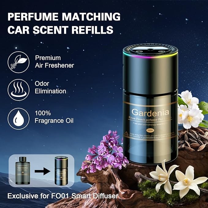 Smart Car Air Freshener Diffuser - 270-Day Long-Lasting Essential Oil (6.09oz/180ml) Auto On/Off Sensor Ultrasonic Dual Modes Multi-Mode Adjustable Natural French Fragrance OilsGardenia Scent