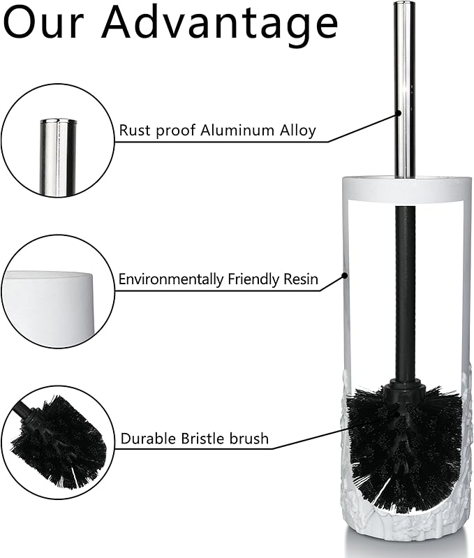 Marble Cherry Blossom Design Resin Toilet Brush and Holder Set for Bathroom Stylish Design with Durable Bristles and Compact Storage