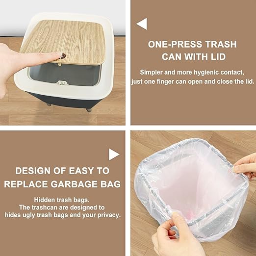 Small Trash Can with Lid Mushroom Seamless Boho Black Brown Mushroom Forest Vintage Mushrooms 2.6 Gallon/10L Garbage Can Waste Bin with Pop-Up Lid Wood Legs Wastebasket for Bathroom Kitchen Bedroom