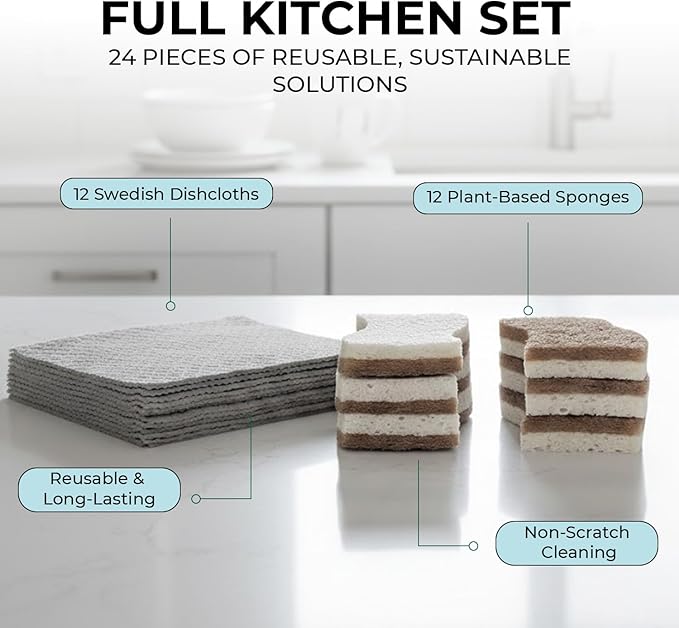 Swedish Dishcloths &amp Dish Sponges 24-Pack by Organic Origin – Reusable Paper Towel Replacement for Kitchen. Washable Cellulose Cleaning Cloths &amp Plant-Based Scrubber Set
