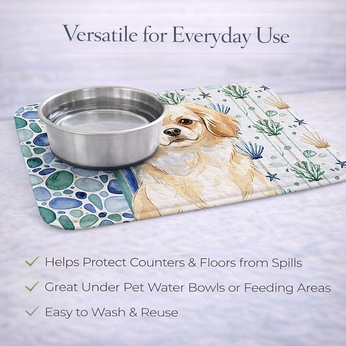 Caroline's Treasures Cream Tibetan Spaniel Coastal Sea Glass Dish Drying Mat Absorbent Dish Drying Mat Pad for Kitchen Counter Dish Drainer Mat for Countertop 14 x 21 Multicolor