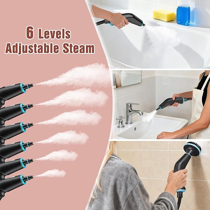 Steam Cleaner 4 Bar High Pressure Steamer with 6-Level Adjustable 15s Heat-Up 42.7oz Large Tank 7ft Extended Hose 18 pcs Accessories Portable Steam Cleaner for Home Car Tile Grout Grease