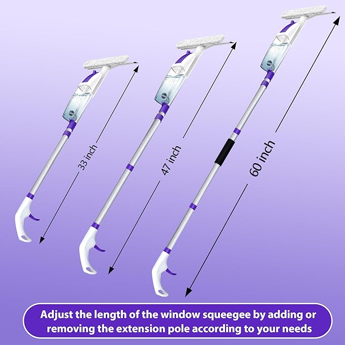 Spray Window Squeegee with 60 Extension Pole Window Cleaning Squeegee Kit- 2-In-1 Squeegee Scrubber 3 Microfiber Cleaning Pad&amp400ML Refill Bottle Multi-Use Squeegee for Home Shower Car Windshi