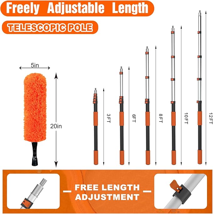 20FT Reach High Ceiling Duster Kit Window Cleaning kit with 3-12FT Extension Pole Fan Duster for Ceiling Fan Blades Microfiber Feather Duster Rotatable Window Squeegee and Cobweb Duster