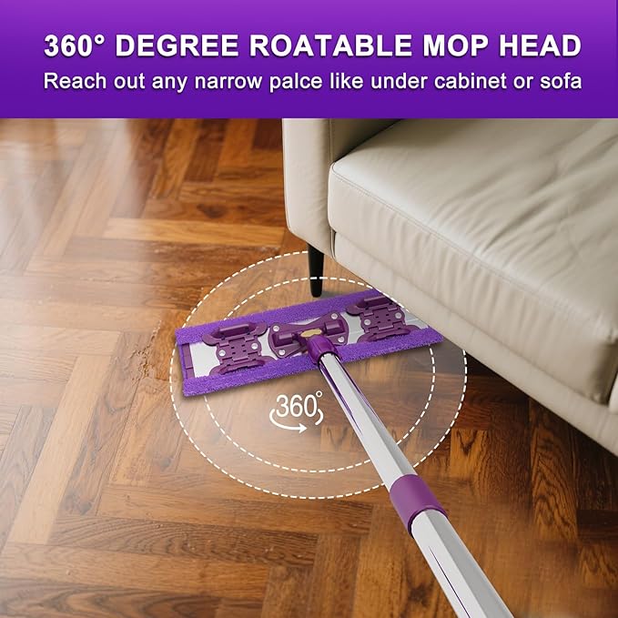 ITTAR 16 Dust Mop for Floor Cleaning Flat Mop with Stainless Steel Long Handle 5 Reusable Wahshable Mop Pads Microfiber Mops for Hardwood Laminate Tile Cleaning