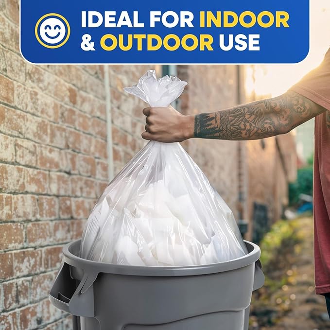 Plexon 40-45 Gallon Trash Bags Clear High-Density 22 Micron 40W × 48L Heavy Duty Garbage Bags Pack of 150 Puncture Resistant Ideal for Businesses and Facilities