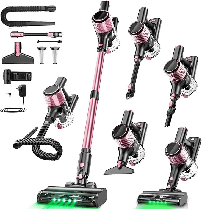 Cordless Vacuum Cleaner 10 in 1 Stick Vacuum with Powerful Suction Hose Green LED Light Anti-Tangle Brush Lightweight Rechargeable Vacuum Cleaner for Home Hardwood Floors Carpets Pet HairPink