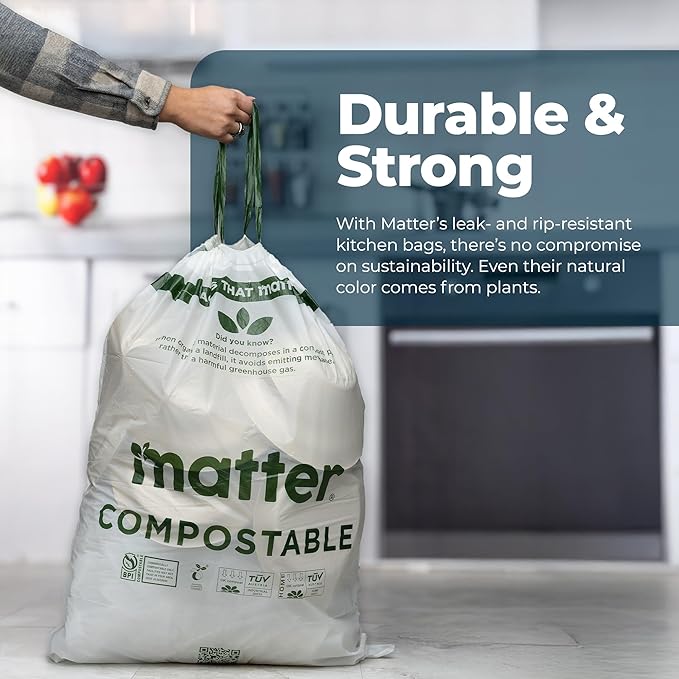 Matter Compostable 13 Gallon Tall Kitchen Trash Bags with Drawstring Eco-Friendly Unscented Durable Leak-Resistant 60 Count