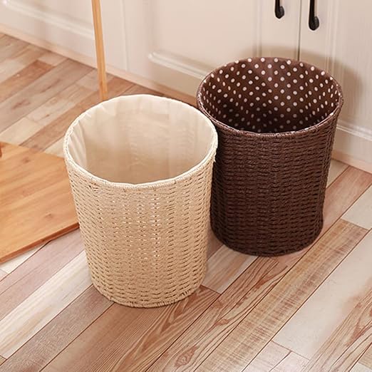 Garneck Pastoral Style Woven Rattan Storage Basket Lightweight Multi-Function Wastebasket for Bedroom Kitchen Home Organization Eco-Friendly Design