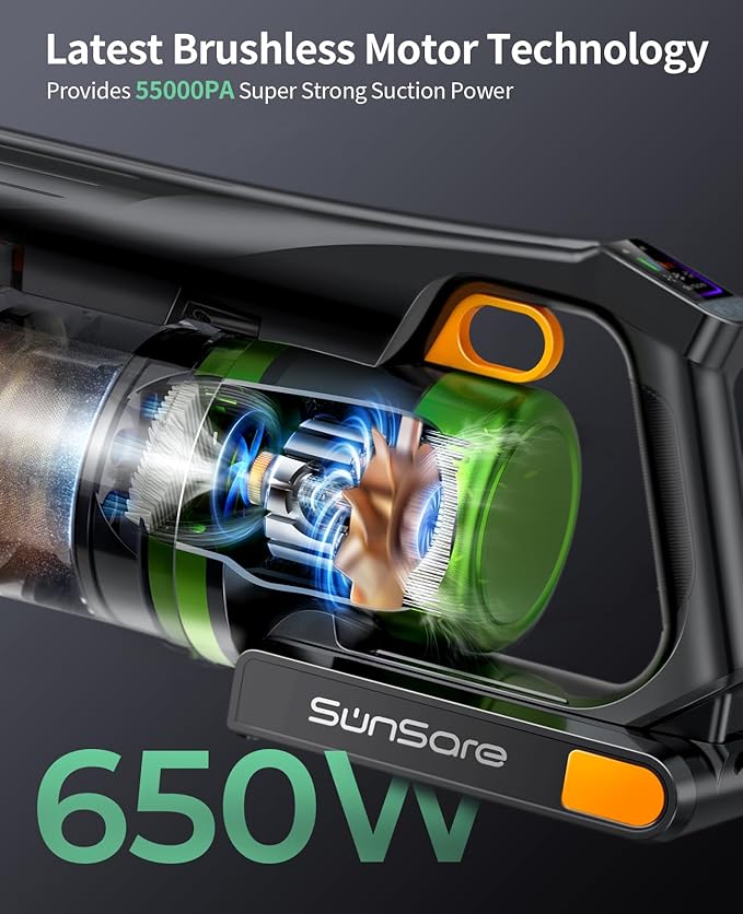 SunSare Cordless Vacuum Cleaner 55KPa 650W 70Mins Vacuum Cleaner for Home V-Anti-Tangle Stick Vacuum with Scented Tablet Upgraded dust Emptying Cup Vacuum Cordless for Pet Hair/Carpet/Floors