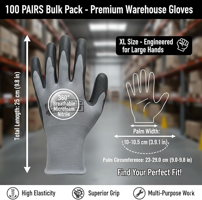 100 Pairs Warehouse Gloves Bulk Safety Work Microfoam Nitrile Coated Seamless Knit Nylon Glove for Men(XL)