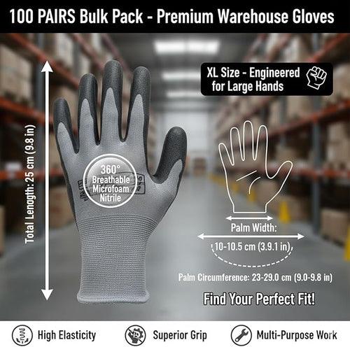 100 Pairs Warehouse Gloves Bulk Safety Work Microfoam Nitrile Coated Seamless Knit Nylon Glove for Men(XL)