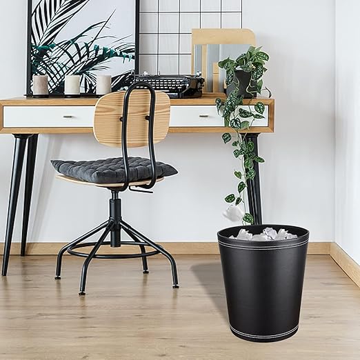 GORESE Pu Leather Trash Can 2.6 Gallon Black Bathroom Trash Can Small Office Garbage Can Wastebasket for Bedroom Kitchen Round Trash Bin Decorative Under-Sink/Desk/Home Easy to Clean