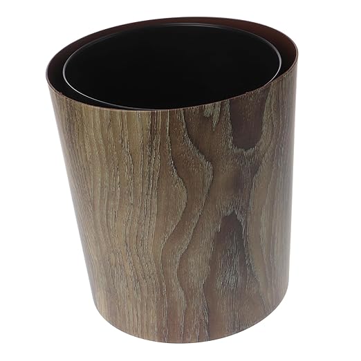 Imitation Wood Grain Trash Can Vintage Style Round Wastebasket for Home Office Kitchen Bathroom Lightweight Clean Capacity Garbage Container