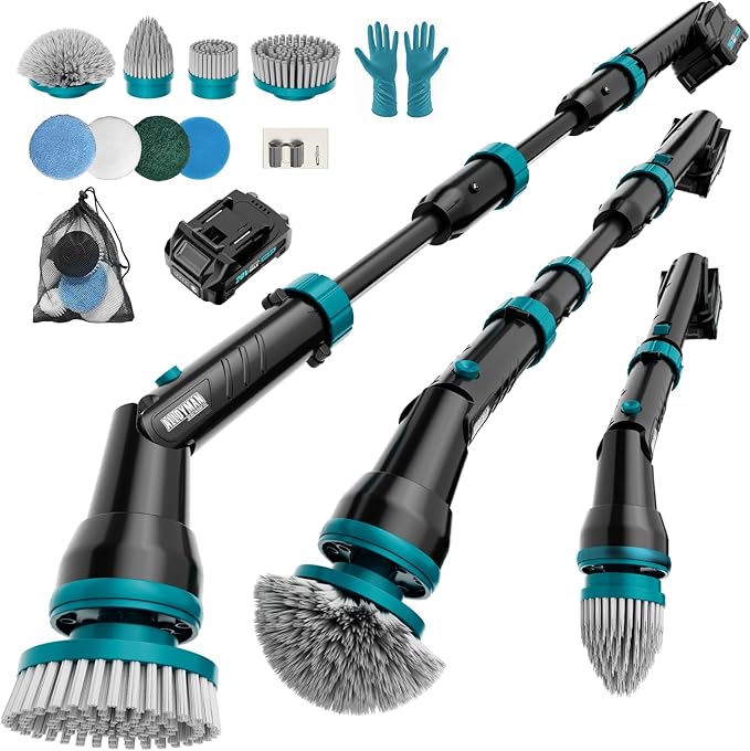 Alloyman 1200RPM Electric Spin Scrubber 20V Replaceable Battery Shower Cordless Cleaning Brush Power Scrubber for Cleaning with 8 Brushes for Bathtub/Tub/Tile/Floor
