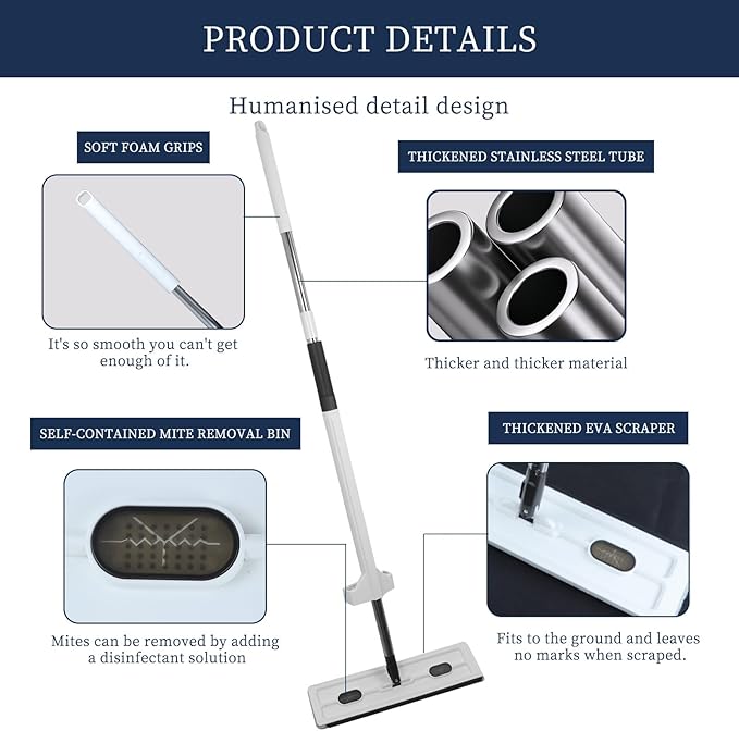 Professional Floor Mop with 360° Rotating Head 51-Inch Stainless Steel Handle White 6 Microfiber Pads 42x12cm Head for All Hard Surfaces (White)