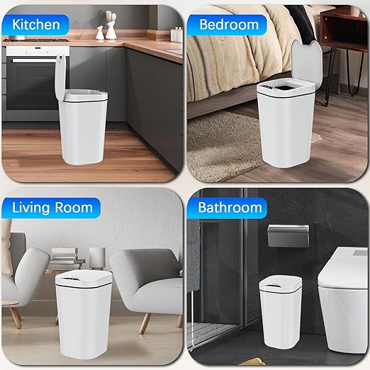 2 Pack Automatic Small Bathroom Trash Can with Lid - 2.5 Gallon Touchless Electric Garbage Can Motion Sensor Smart Trash Bin Slim Plastic Trashcan Waterproof Wastebasket for Bedroom Office (White)