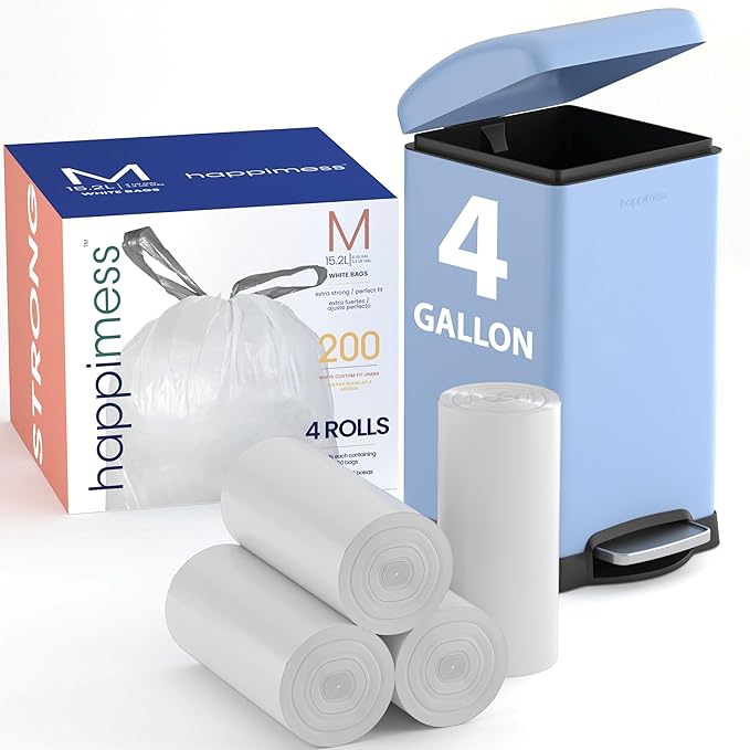 Eyely MPH3000M-WHITE 4 Gallon Drawstring Unscented Trash Can Liner for Home and Kitchen White (200-Count 4-Rolls of 50 Liners)
