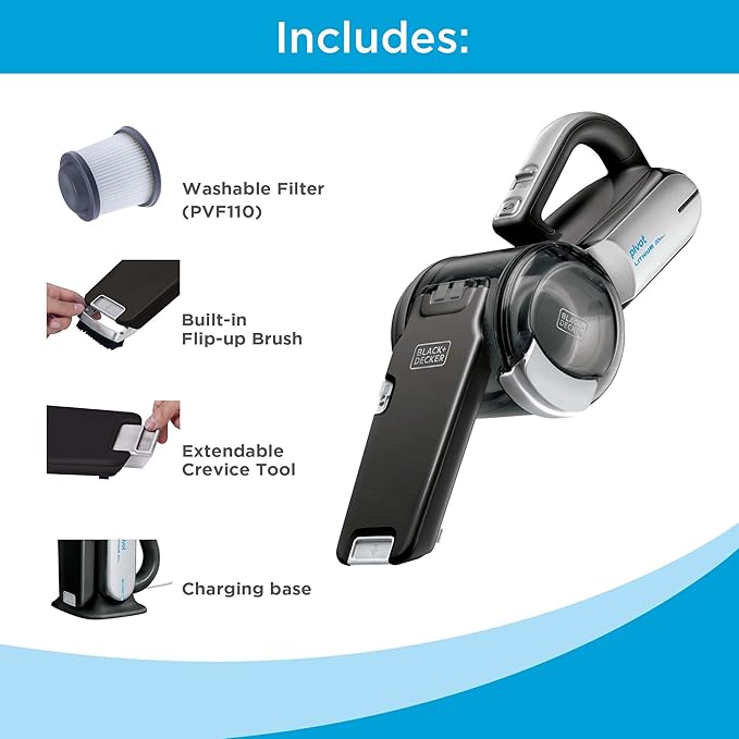BLACK+DECKER dust buster PIVOT VAC Handheld Vacuum Cordless Car Vacuum Portable Rechargeable Extendible Crevice Tool and 200 Degree Pivoting Nozzle Strong Suction Lightweight (BDH2000PL)