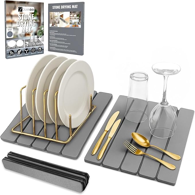 Large Foldable Stone Dish Drying Mat – Diatomaceous Earth 2 Pack (12x16 Each) or 24x16 Combined – Fast Dry Anti-Slip Pad Sanding Tool &amp Instruction Manual for Kitchen and Bathroom Dark Gra