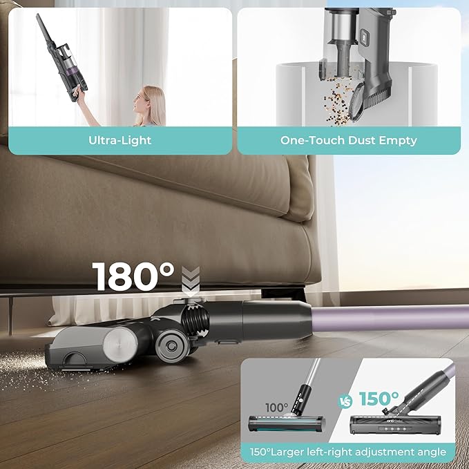 CANDY Cordless Vacuum Cleaner45Mins Vacuum Cleaners for HomeStick VacuumStrong SuctionRemoveable BatteryAnti-TangleOne Click CleanLightweight Handheld for Hardwood Floor Carpet Pet Hair Car