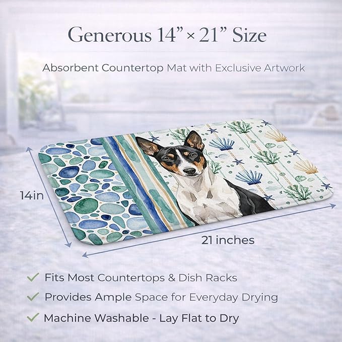 Caroline's Treasures Black and White Basenji Coastal Sea Glass Dish Drying Mat Absorbent Dish Drying Mat Pad for Kitchen Counter Dish Drainer Mat for Countertop 14 x 21 Multicolor