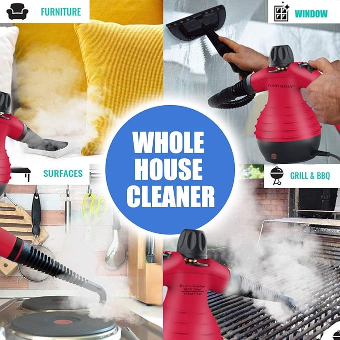 Comforday Handheld Pressurized Steam Cleaner - Multipurpose Steamer with 9-Piece Accessory Kit for Stain Removal Upholstery Curtains Car Seats Carpets Floors and Windows (Red)