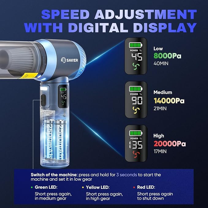 Saker Car Vacuum Portable Cordless 20000Pa Suction Power 4 in 1 Handheld Vacuum with LED Light Type-C Portable Mini Vacuums for Gifts Car Home Office Pet HL157 Blue