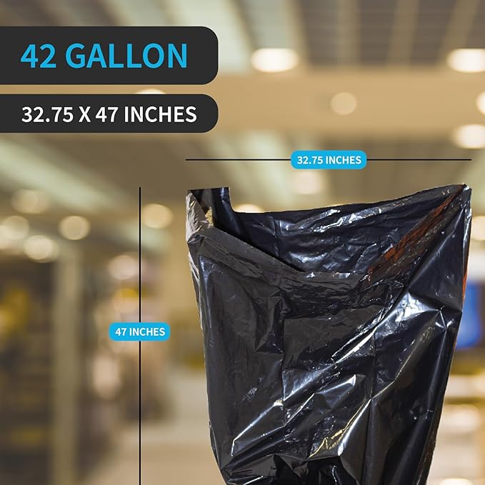 Heavy Duty Contractor Bags 42 Gallon 32.75 X 47 - 3 MIL Thick Large Black Industrial Garbage Trashbags (No Ears) for Construction and Commercial use (No Ties)