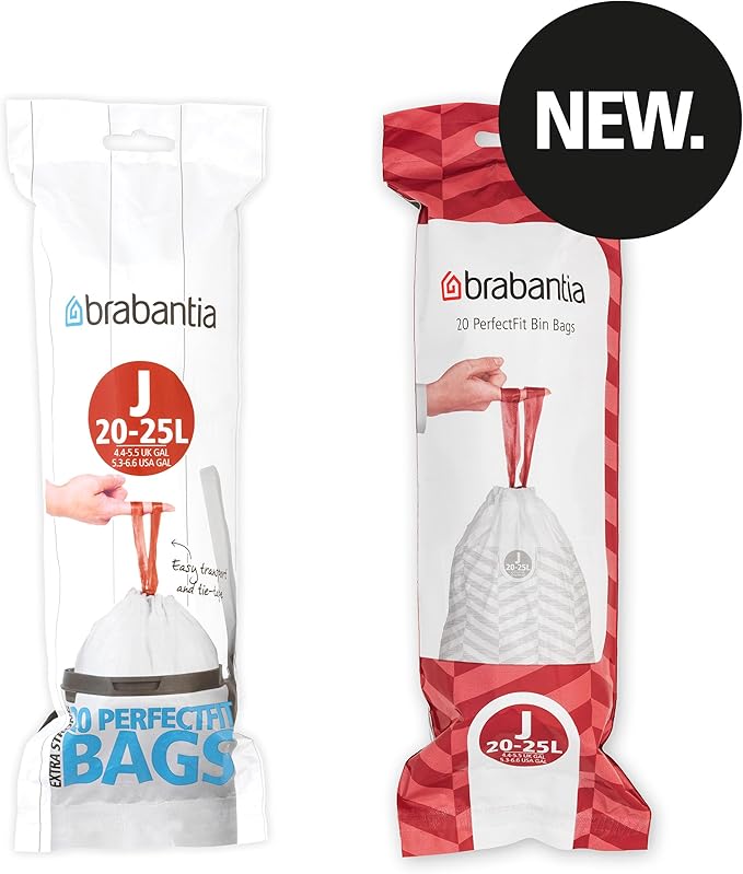 Brabantia PerfectFit Trash Bags (Size J / 6 Gallon) High Quality Thick Plastic Trash Can Liners with Tie Tape Drawstring Handles (20 Bags)