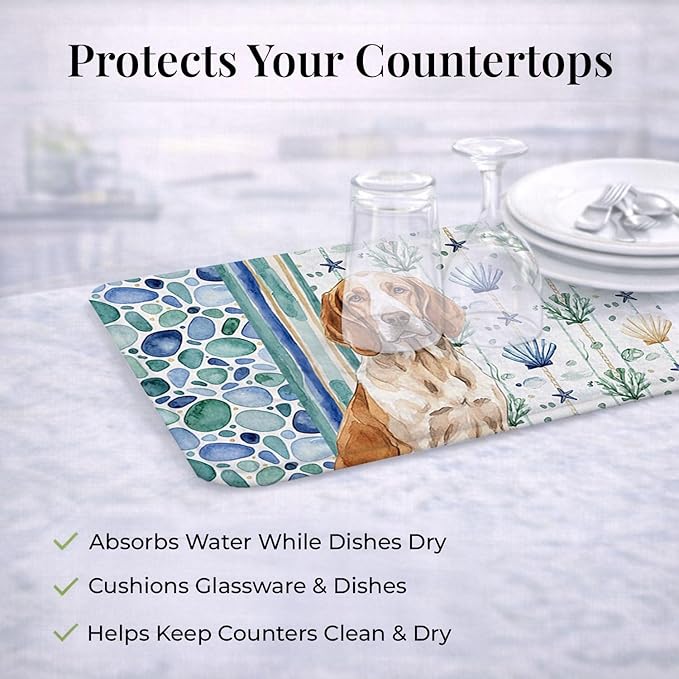 Caroline's Treasures Bracco Italiano Coastal Sea Glass Dish Drying Mat Absorbent Dish Drying Mat Pad for Kitchen Counter Dish Drainer Mat for Countertop 14 x 21 Multicolor