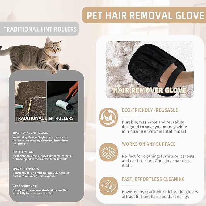 2 PCS Pet Hair Removal Glove for Cats &amp Dogs Newly Pro Five-Finger Electrostatic Pet Hair Remover Gloves Magic Brush Pet Hair Removal Tool (Black L)