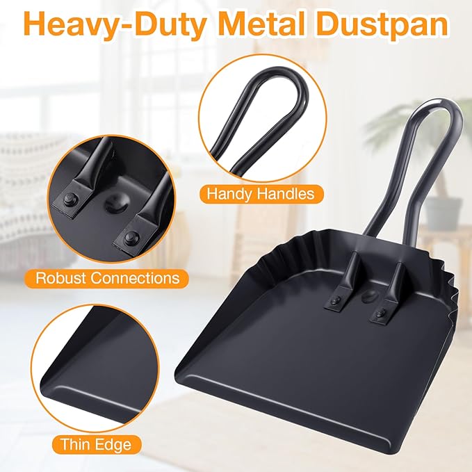 Mumufy 2 Pcs 12 Inch Heavy Duty Metal Dustpan Stainless Steel Large Wide Dust Pans for Household Handheld Scooper Debris Cleaning Tool for Home Garage Studio Courtyard Indoor Outdoor(Black)