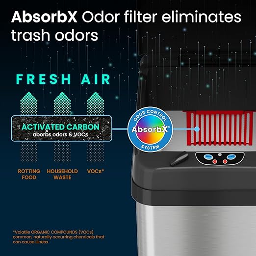 iTouchless 13 Gallon Sensor Kitchen Trash Can with Lid and Odor Filter Stainless Steel Trashcan Extra-Wide Lid Opening Slim Garbage Bin for Home Office Work Bedroom Living Room Garage Large Capacity