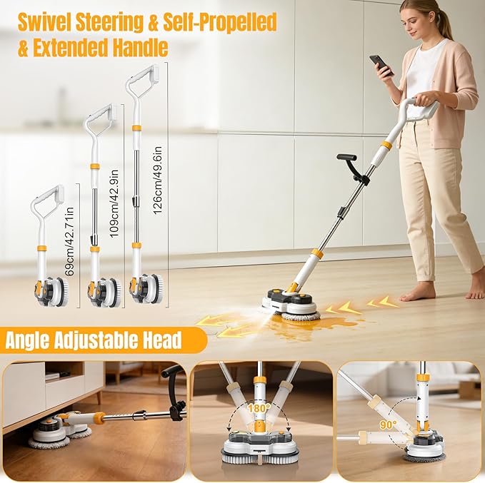 Cordless Electric Mop for Dewalt 20V Battery (NO Battery) 2 in 1 Spin Mop &amp Electric Floor Scrubber with LED Light &amp Water Spray Electric Mops for Floor Cleaning HardwoodTile (White Yellow