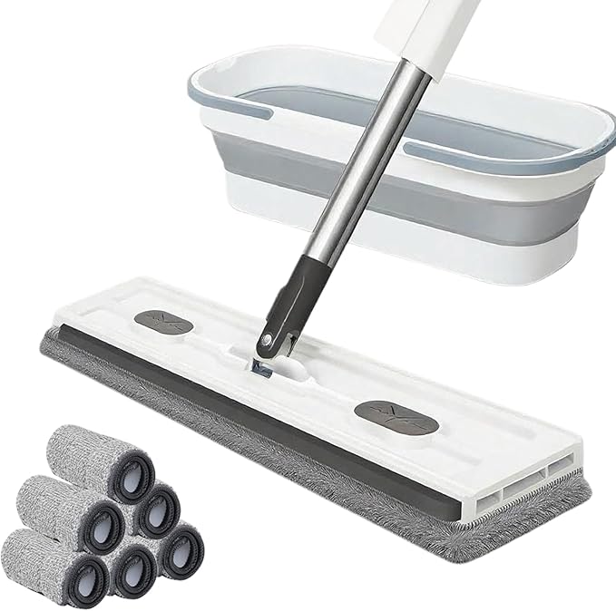 2025 New Large Flat Mop with 6 Reusable Mop Head Dry and Wet Flat Mop and Bucket Set Adjustable Handle Self Wringing Flat Mops 360 Rotation Flat Mop (White with 6pcs Mop Head)