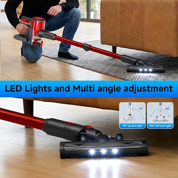 Cordless Vacuum Cleaner for Home - Lightweight Stick Vacuum Clean with Rechargeable Battery Max 45Mins Runtime 8 in 1 Handheld Vacuum for Hardfloor &amp Carpets Pet Hair Red&ampBlack