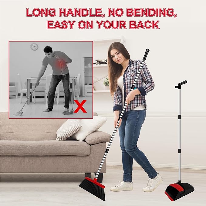 Broom with Dustpan Combo Set and Silicone Air Broom Kit 51 Long Handle Floor Squeegee Red Household Kit for Glass Window Rugs Pet Hair Home