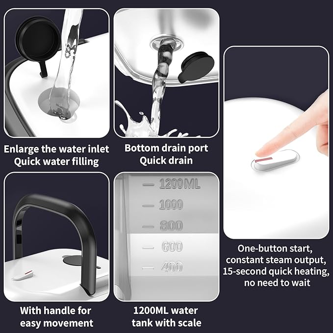 1200W Portable Handheld Steam Cleaner for Home and Car Quick Heat 15s 1200ml Water Tank 7pcs Accessories 221 105 High Temperature (US plug)