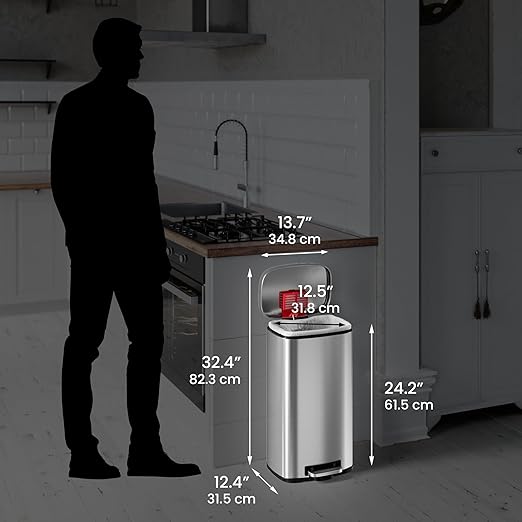 iTouchless SoftStep 8 Gallon Step Trash Can with Activated Carbon Filter Deodorizer &amp Removable Inner Bucket Stainless Steel 30 Liter Pedal Garbage Bin for Office Home and Kitchen