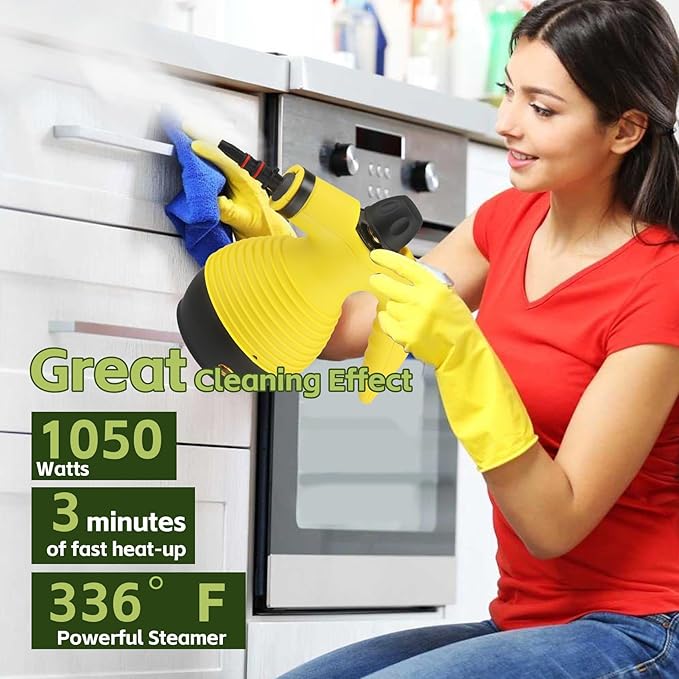 15-in-1 Multipurpose Steam Cleaner 1050W Handheld Steamer &amp Steam Mop with 16-Piece Kit 350ML Tank 30s Fast Heat-Up for Floors Windows Cars Bathroom Grills Sofa Cleaning(Yellow)