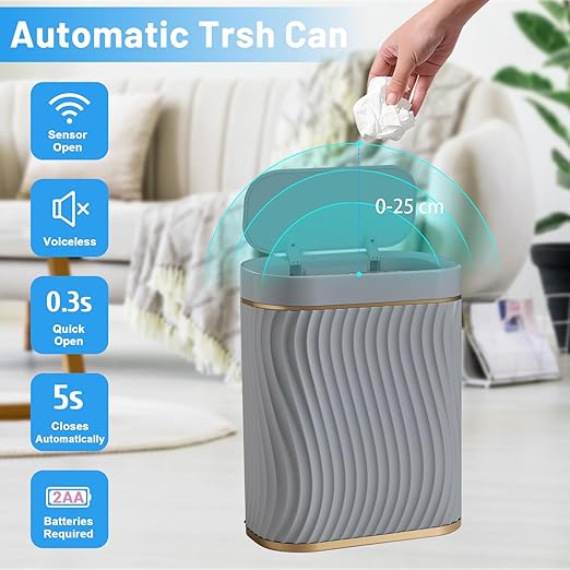 steo spce Bathroom Small Trash Can with Automatic Touchless Lid 2.6 Gallon Smart Garbage Can Narrow Waterproof Trash Bin for Bedroom Office Living Room (Gold Grey)