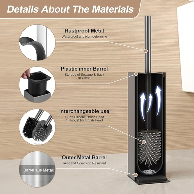 BGL Standing Toilet Brush and Holder GunGrey Aluminium Toilet Bowl Cleaner Brush and Holder for Bathroom Storage and Organization Square Design Sturdy and Space Saving