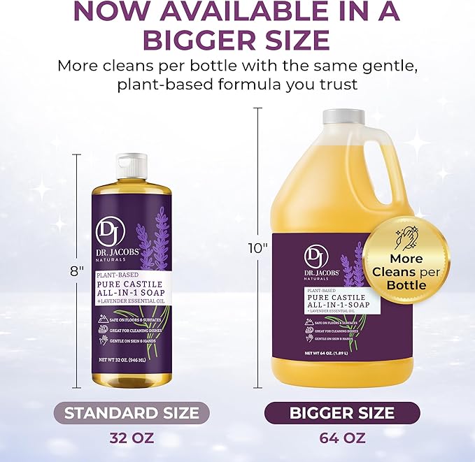 Dr. Jacobs Naturals Pure Castile Soap 64 oz Value Size - Lavender - Made in USA - All-in-One Plant-Based Multipurpose Cleaner for Floors Counters Dishes &amp Laundry Gentle on Skin Biodegradable