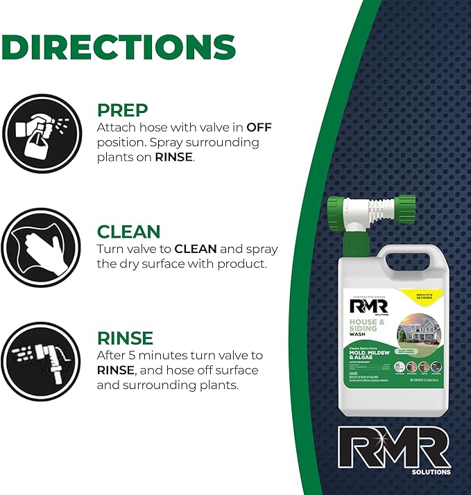 RMR House and Siding Wash - Commercial-Grade Outdoor Stain Remover for Mold Mildew and Algae 64 Ounce Bottle With Hose-End Adapter
